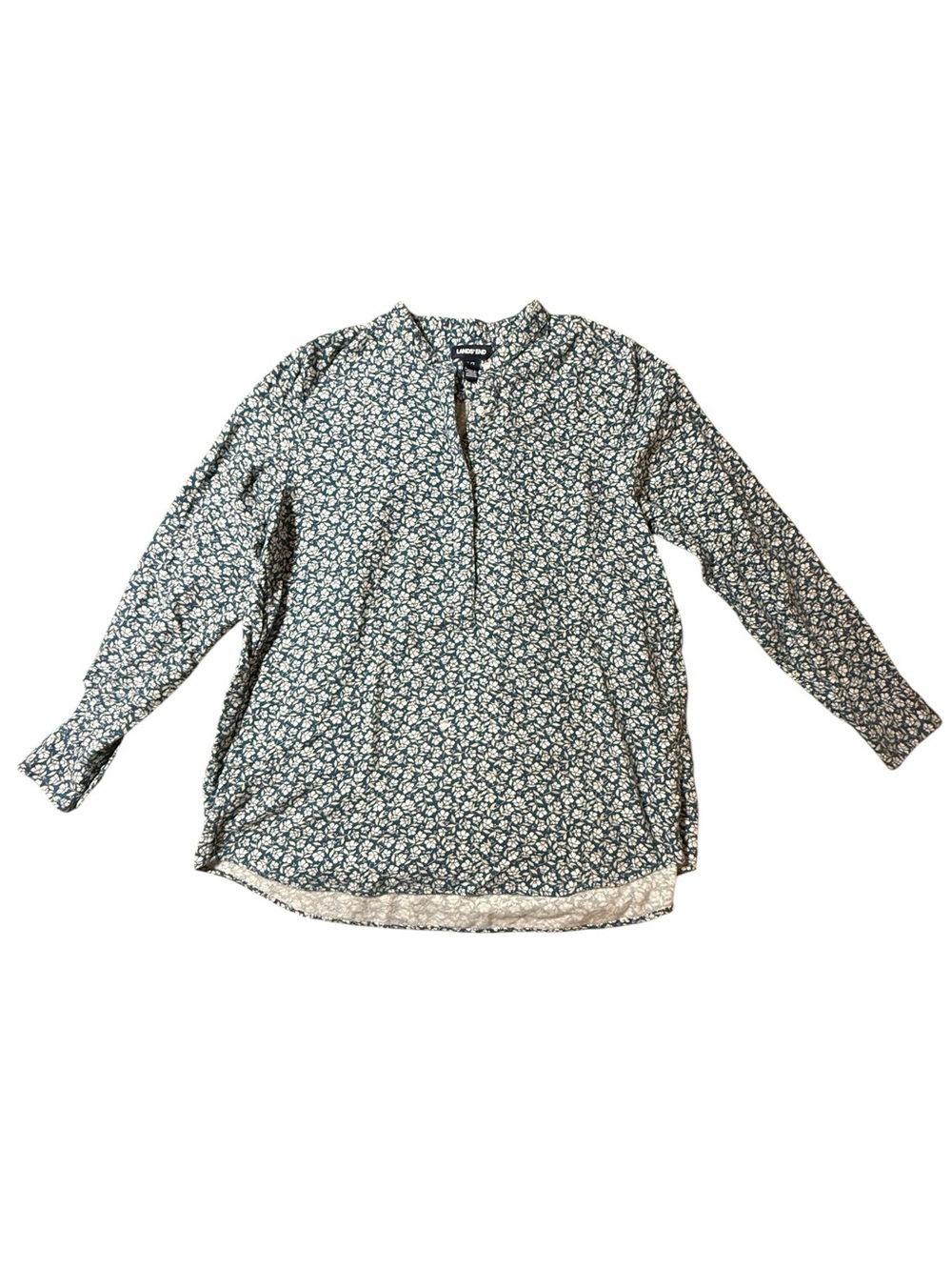 Lands' End L/T Tall Floral Tunic Blouse Blue White Long Sleeve Split Neck Top